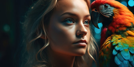 beautiful young woman with macaw parrot in her hands looking at cameraの素材