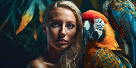 Portrait of beautiful young woman with macaw parrot on dark backgroundの素材