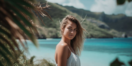 Portrait of a beautiful girl in a white dress on the beach.の素材