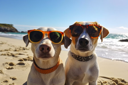 Two dogs wearing orange sunglasses on the beach, looking at the cameraの素材