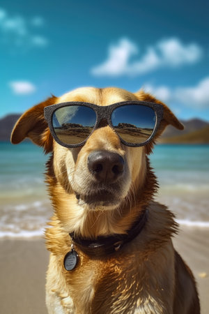 Dog wearing sunglasses on the beach. Conceptual image of a dog.の素材
