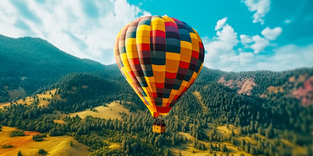 Colorful hot air balloon flying over the mountains.の素材
