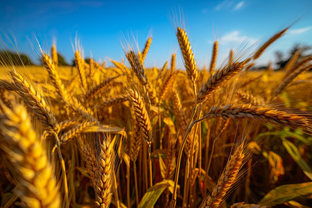 Golden wheat field on a sunny summer day with blue sky in the backgroundの素材