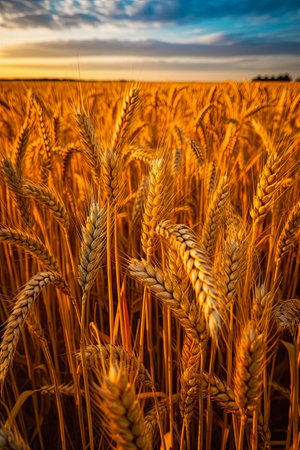 wheatfield. Ears of golden wheat close up. Rich Harvest Concept.の素材