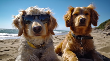 two dogs sitting on the beach and looking at the camera with sunglassesの素材
