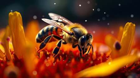 Honey bee collecting nectar on a flower. close-upの素材