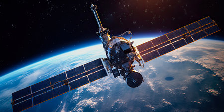 International Space Station orbiting the planet Earthの素材