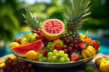 Assorted fresh fruits on wooden table in garden. healthy eating conceptの素材