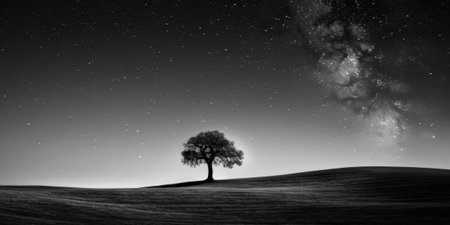 Lonely tree in the field at night with starry skyの素材