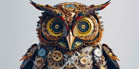 Owl made of metal with gears and cogwheels, close-upの素材