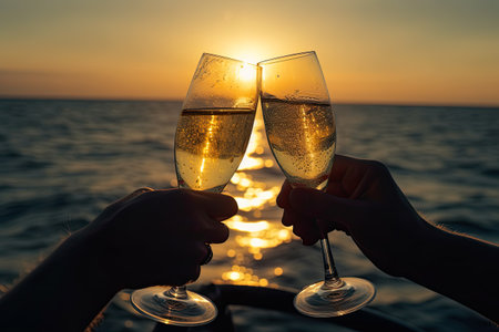 Couple holding glasses of champagne on the background of the setting sunの素材