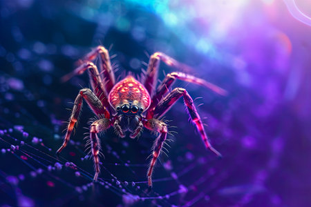 Spider on spider web with purple light bokeh background,の素材