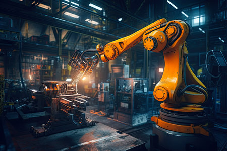 Mechanized industry robot arm working in a factory. Industrial robot arm working in a factory.の素材