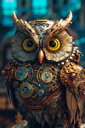 Portrait of an owl made of metal and wood with gears.の素材