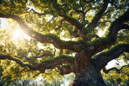 Old big tree in the forest with sunlight and lens flare effect.の素材