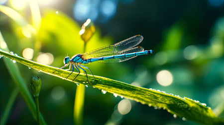 Blue damselfly resting on a leaf in the morning sun.の素材