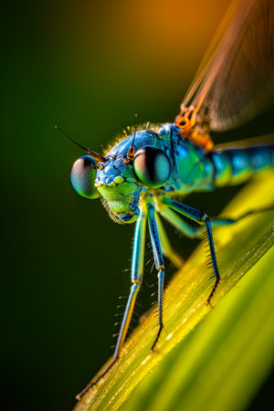 Close up of a dragonfly on a green leaf.の素材