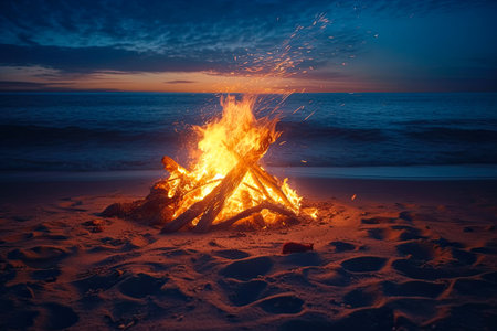 Bonfire on the beach at sunset, Baltic Sea,の素材