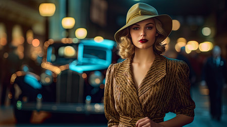 Fashionable young woman in hat and coat posing in the city at nightの素材