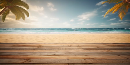 Wooden floor against seascape with palm trees and blue skyの素材