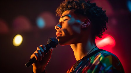 Young african-american singer performing on stage with colorful lightsの素材