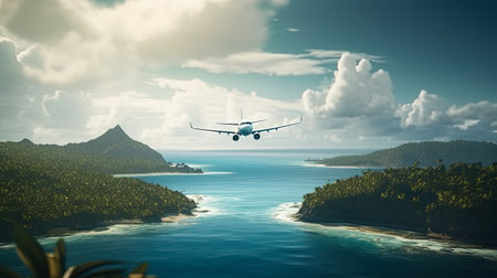 Airplane in the blue sky above the sea.の素材