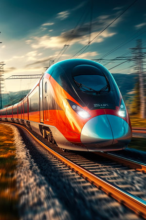 Modern high-speed train in motion at sunset.の素材