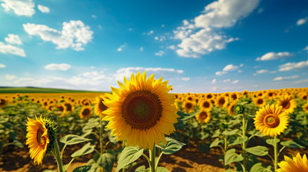 Sunflower field. Sunflower blooming in the field. Sunflower natural background.の素材