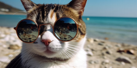 Cute cat wearing sunglasses on the beach. selective focus.の素材
