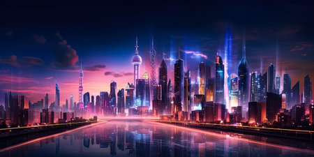 Shanghai cityscape at night with road and skyscrapersの素材