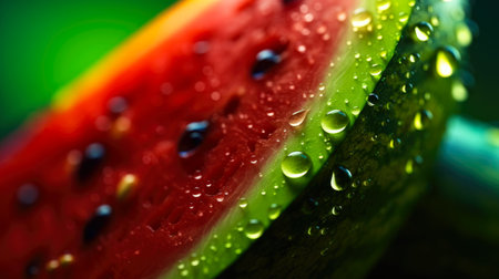 Watermelon with drops of dew on a green background close upの素材