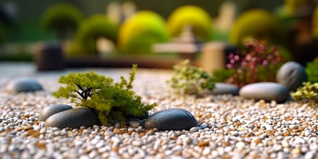 Miniature garden with pebbles and plants. selective focus.の素材