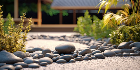 Pebble path in the garden with a small house in the backgroundの素材
