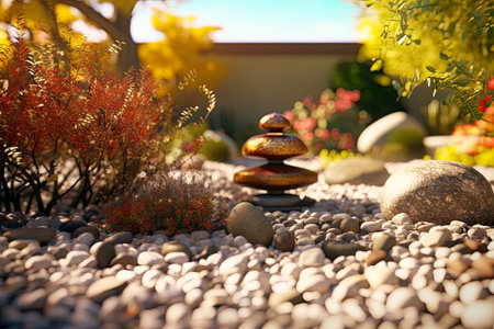 Zen garden with stones and flowers on a sunny day. selective focus.の素材