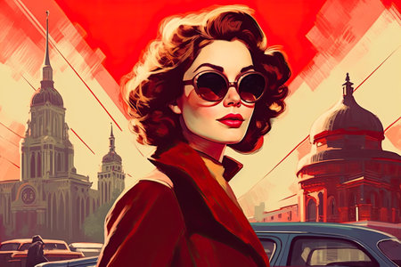 Fashionable woman in red trench coat and sunglasses on the street. retro style.の素材