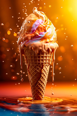 ice cream splashing from a wafer cone on a red backgroundの素材
