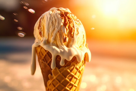 Ice cream in a waffle cone on a background of the setting sunの素材