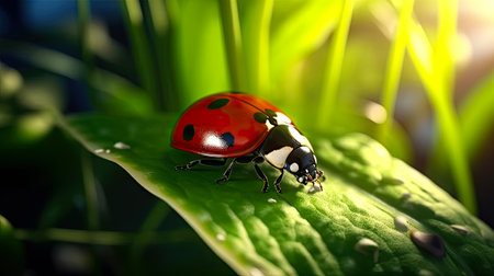 ladybug on green leaf macro close up, beautiful nature backgroundの素材
