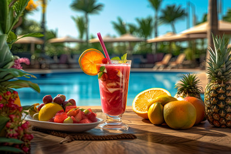 Refreshing summer drink by the swimming pool. Watermelon, orange, pineapple, lemon, watermelon.の素材
