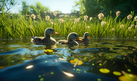 Duck family swimming in the lake with green grass and flowers.の素材