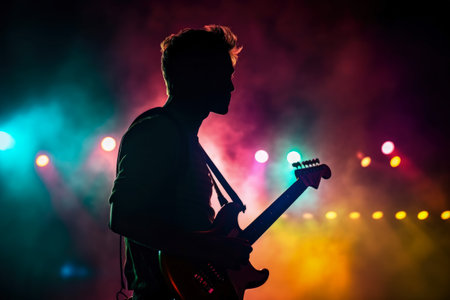 Young man playing guitar on stage with smoke and lights. rock concertの素材