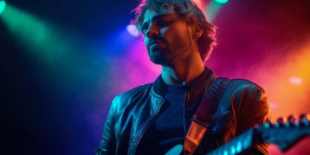 Guitarist playing on stage in nightclub illuminated by colorful lights.の素材