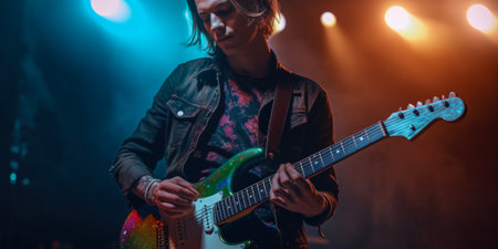 Guitarist playing on electric guitar on stage with smoke and lightsの素材