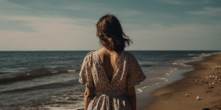 A girl in a dress stands on the beach and looks at the sea.の素材