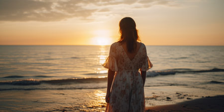Young woman in a white dress on the seashore at sunsetの素材