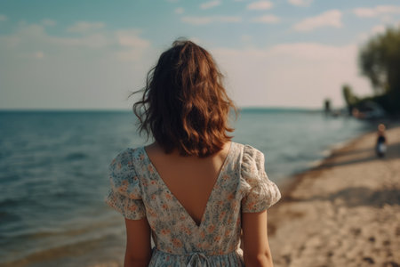 Back view of a young woman in a dress on the seashoreの素材
