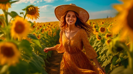 Beautiful young woman in a field of sunflowers at sunsetの素材