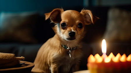 Chihuahua dog sitting on a table with a burning candleの素材