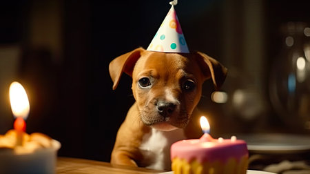 Cute puppy with birthday cake and candles on table in dark roomの素材