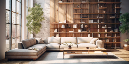 A bright, modern living room with a wooden coffee table and sleek wooden shelving units. Generative AIの素材